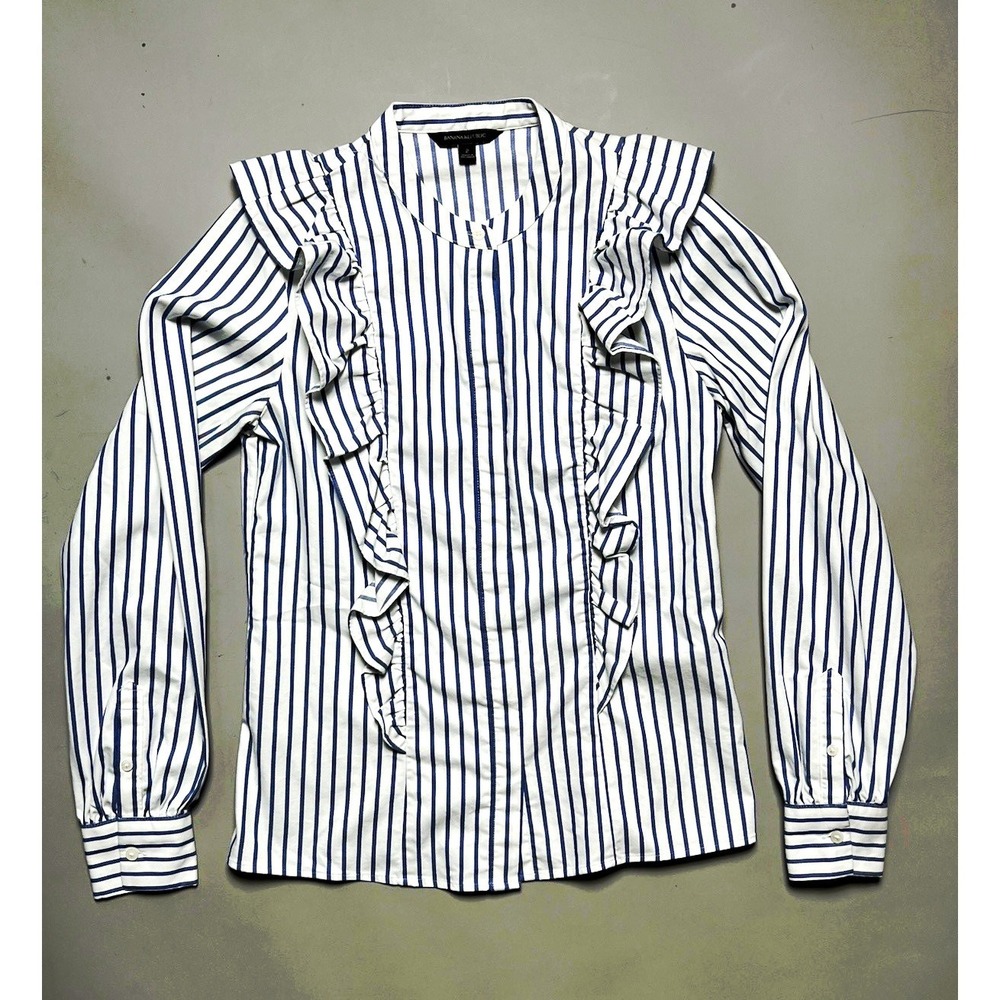Banana Republic Women's 2 Button-Front Long Sleeve Striped Ruffle Blouse